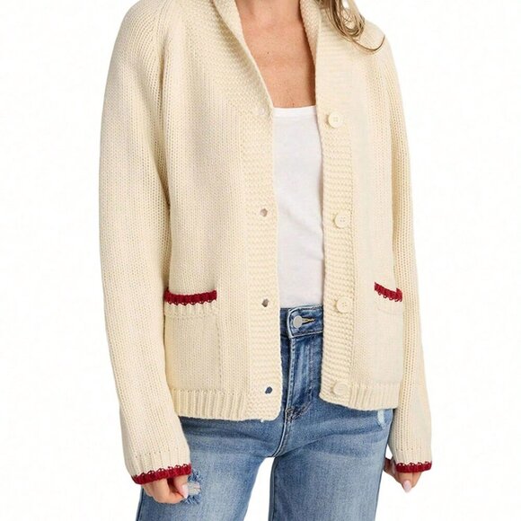 Red Cute Women's Long Sleeve Button Down V Neck Knit Cardigan Sweater - Picture 3 of 4